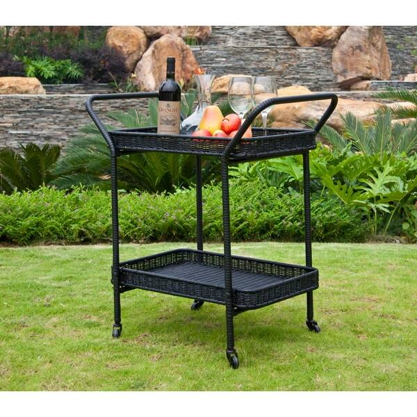 32" Black Resin Wicker Outdoor Patio Garden Serving Cart with Wheels